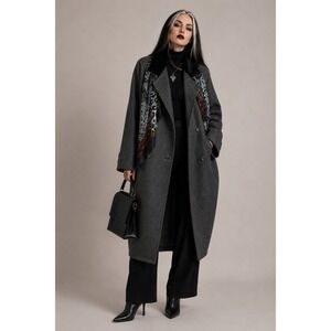 Vintage 90s International Scene grey long wool cocoon coat with scarf 9‎ 10